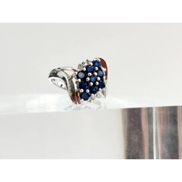 10k White Gold Blue Sapphire & White Diamond Vintage Gemstone Cocktail Ring sz 7 - Picture 6 of 10